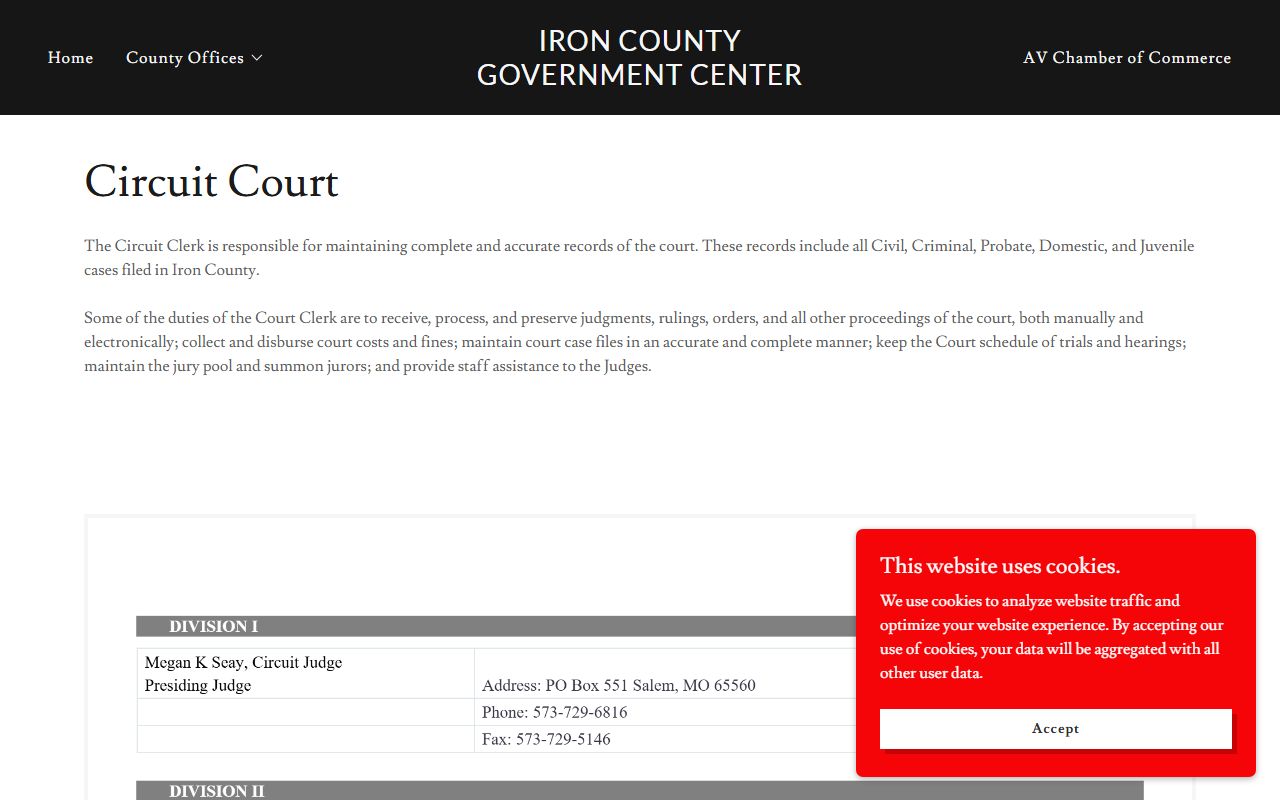 Iron County Circuit Court contact page for court records after arrest