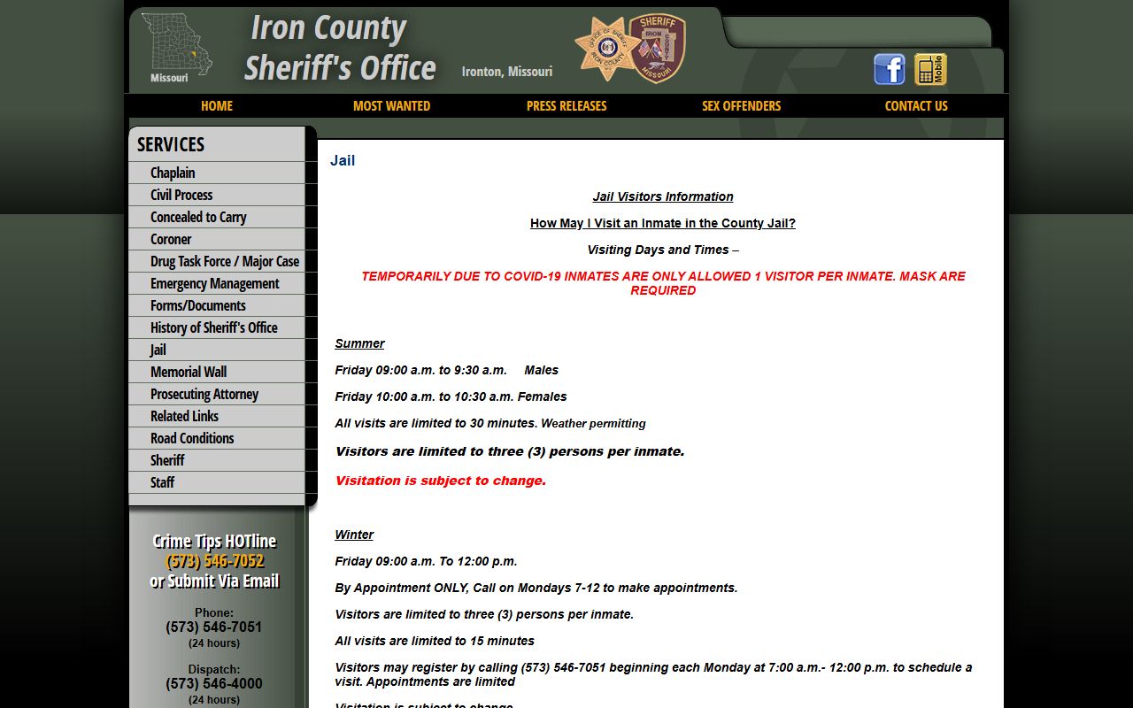 Iron County Jail rules page for inmate lookup and visitation